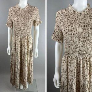 Baltic Born Suzette Smocked Maxi Dress Beige Floral Ruffle Tiered Size Medium